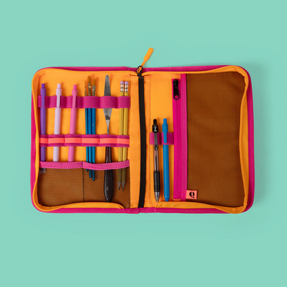 Quell sketchbook case in pink and orange, open
